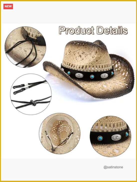 Straw Cowboy Hat with Shapeable Brim, Wide Brim Sun Hat for Women